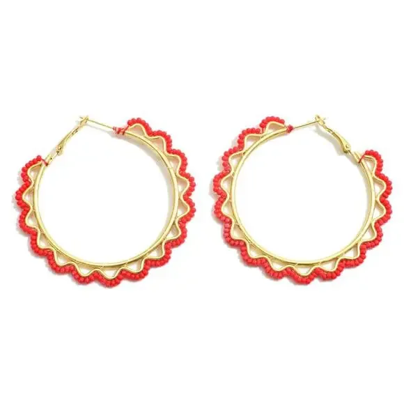 Scalloped Edge Beaded Hoop Earrings Red Gold