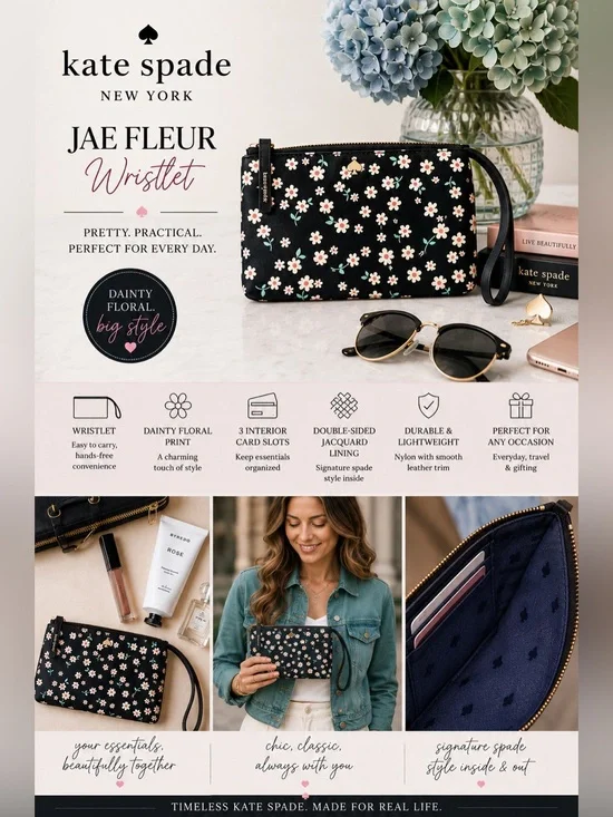 Kate Spade Stylish Jae Fleur‎ Black Nylon Wristlet  With Smooth Leather Trim.
