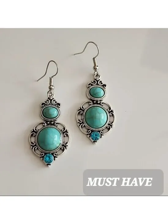 Southwest Boho  Simulated Turqioise and Silver dangle earrings EP