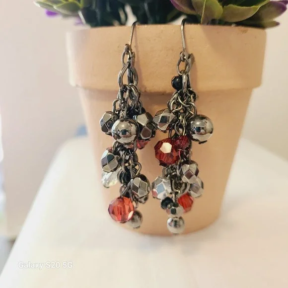 Dangle‎ Drop Bead Earrings Silver Red Black Cluster Party Jewelry