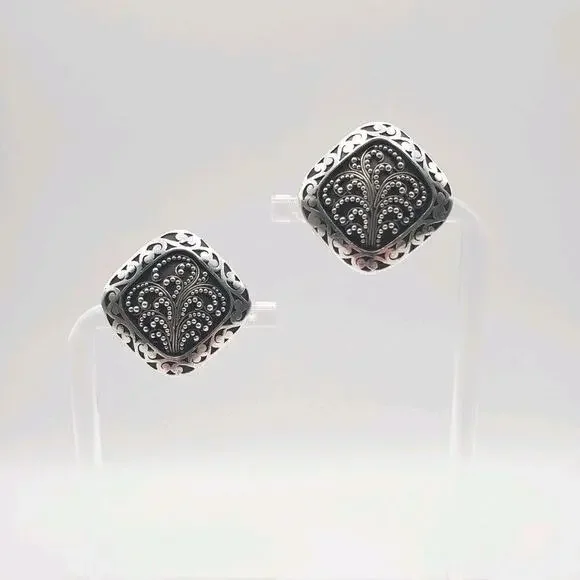 Estate Designer Lois Hill Indonesia Sterling Silver Scroll Large Square Earrings