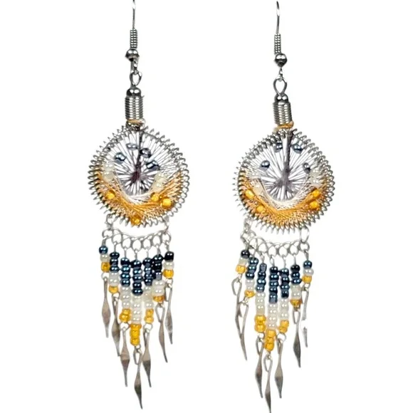 VTG 90s Wire Wrapped String Art Dreamcatcher Earrings Dangle Yellow Black‎ Boho