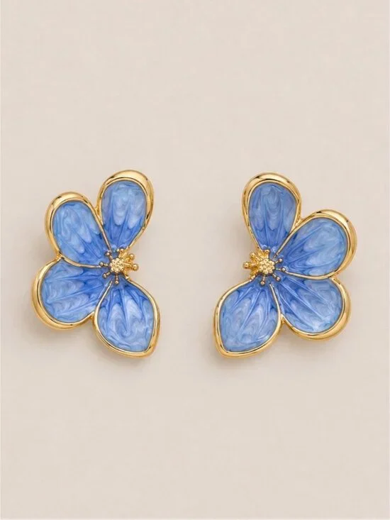 New! Blue Hand Painted Flower Earrings (2013) NWOT