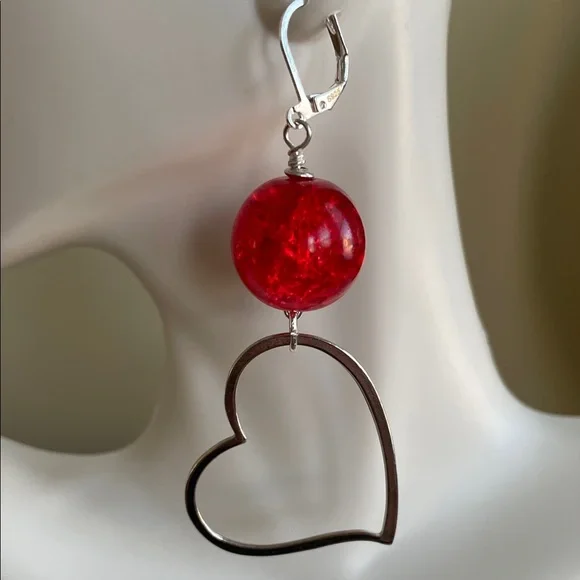 HAND CRAFTED OPEN HEART DANGLE EARRINGS WITH RED CRACKLE BEADS Boho Heart Drops