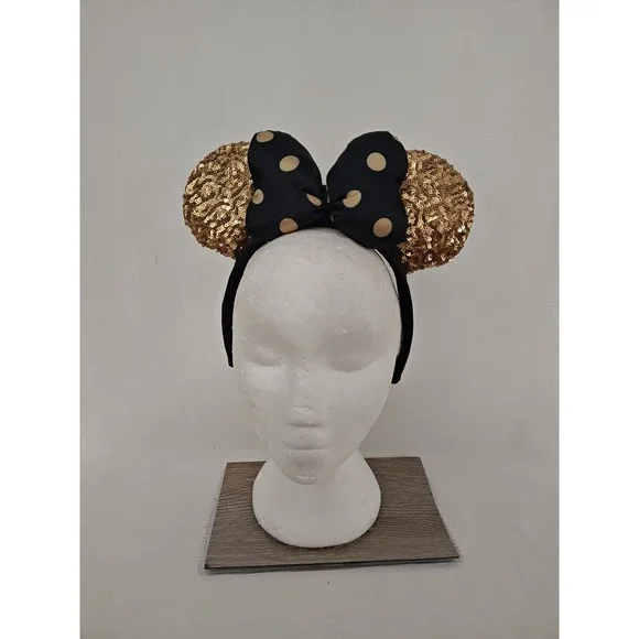 Disney Ears Gold Sequins Black Gold Polka Dot Bow Minnie‎ Mouse Headband