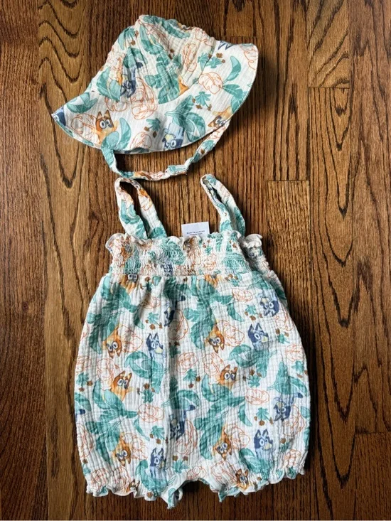 Baby Bluey Floral Leaf Print Romper with Matching Sun Hat - 12 Months