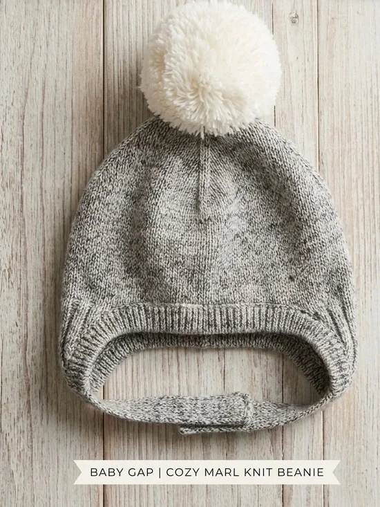 Baby GAP Cozy Marl Knit Beanie with Pom in Light Gray and Cream