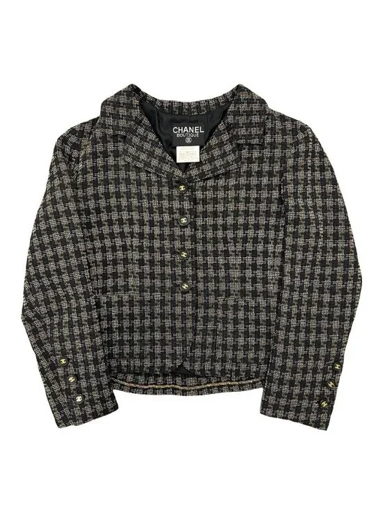 Chanel Tweed Check Pattern CC Logo Button Wool Acrylic Jacket Black