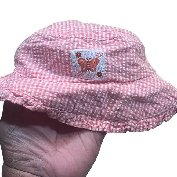 Vintage McBaby Infant Baby Girl Pink Gingham‎ Bucket Hat Butterfly Hat Spring