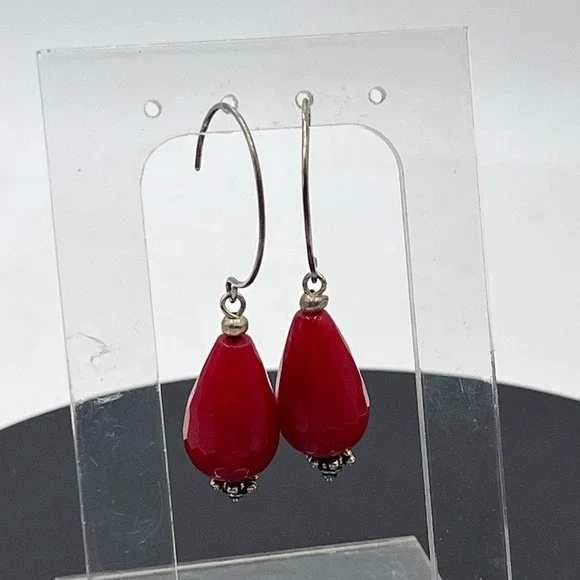 Genuine Red Jadeite‎ Sterling Silver 925 Dangle Earrings Faceted Teardrop 2