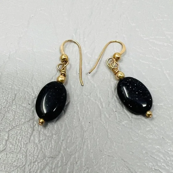 Black Blue Sparkle Pierced Earrings Oval Hook‎ Dangle Drop Minimalist