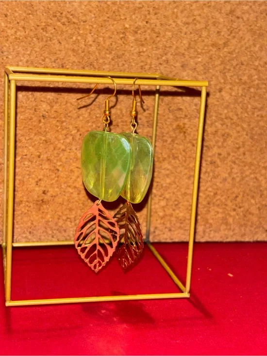 Handmade Green Leaf Dangle Earrings - Lightweight Women Jewelry