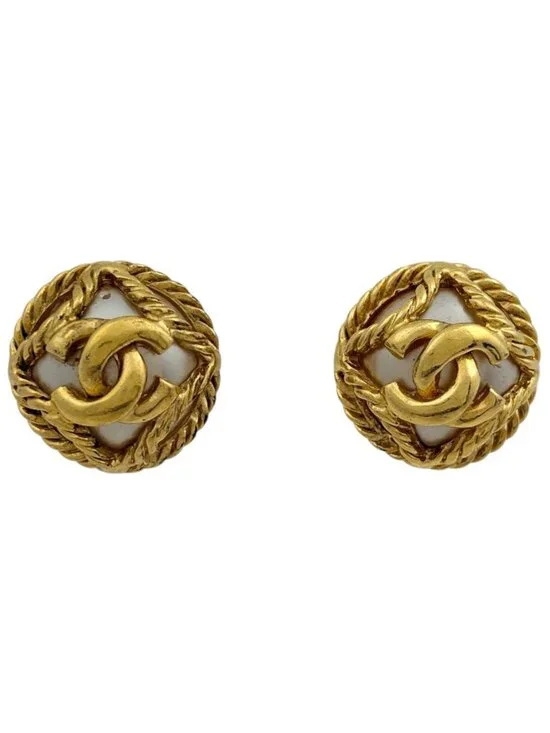 Chanel Earrings CC Logo Round Faux Pearl Gold White