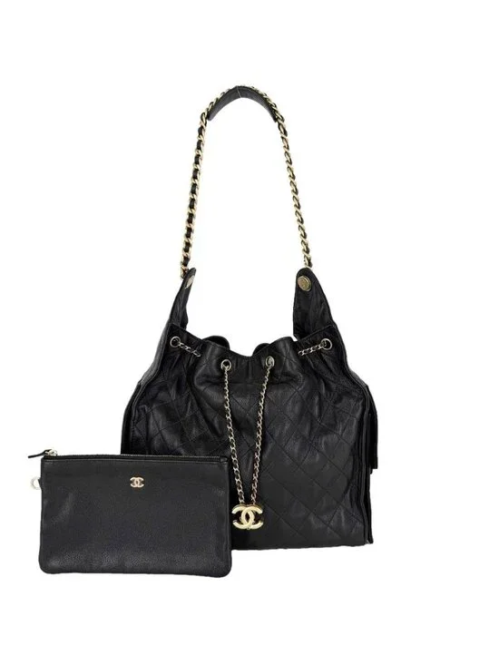 Chanel Shoulder Bag 25 Medium Chain CC Logo Grained Calfskin Black Gold