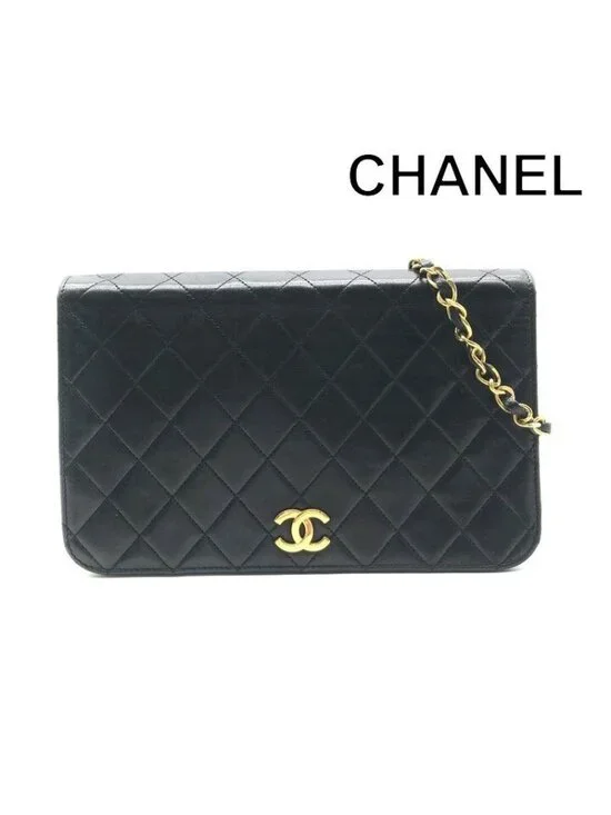 Chanel CC Logo Quilted Push Lock Leather Vintage Chain Shoulder Bag Black