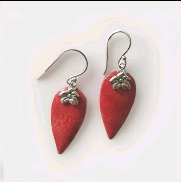 Mediterranean Red Sponge Coral Flower Sterling Silver Dangle Earrings