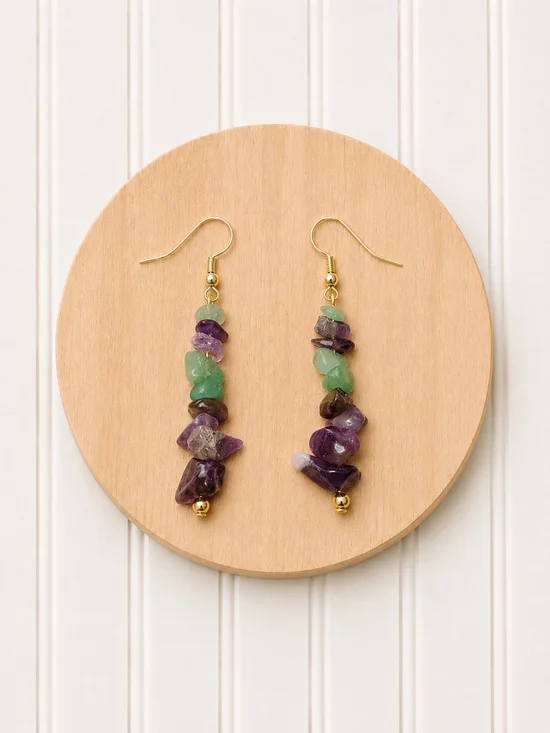 Semi Precious Natural Purple Amethyst, Green Aventurine Gemstone Drop Earrings