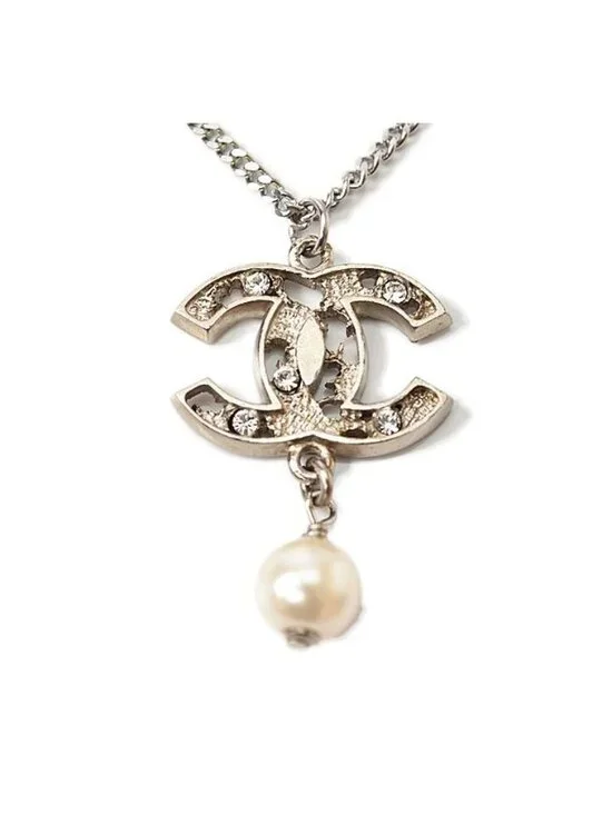 Chanel Coco Mark Rhinestone Faux Pearl Silver Rye White Gold