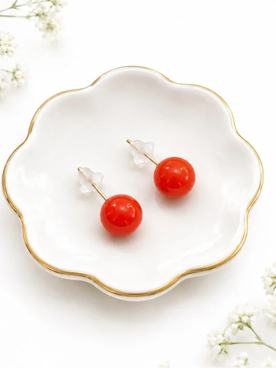 10k Yellow Gold 8mm Red Carnelian Ball Stud Earrings NEW Made in Italy
