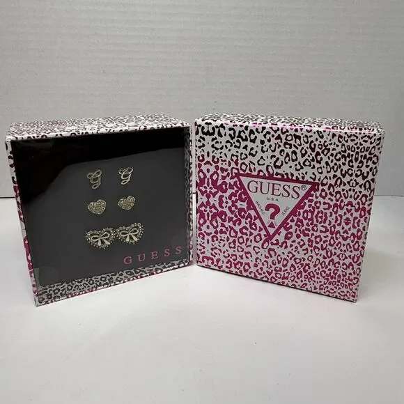 GUESS 3 Pair Gold Tone Rhinestone Earring Gift Box Set New