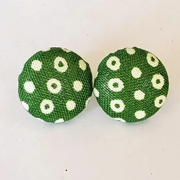 White Polka Dot on Green Fabric Button Pierced Earrings Handmade