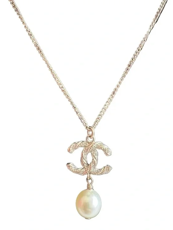 Chanel CC Crystal Pearl Gold Tone Pendant Necklace