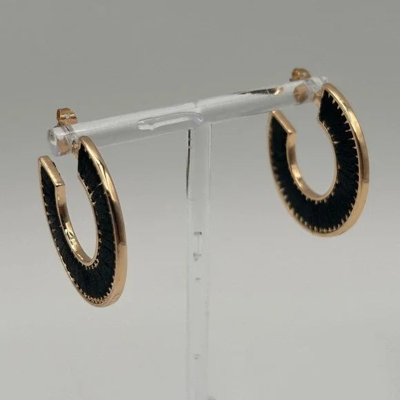 Gold Tone Black Thread Wrapped C Shape Hoop Earrings Post Back Bohemian Style