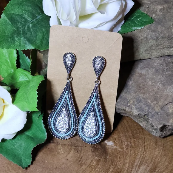 Elegant Silver Toned Faux Turquoise Colored Teardrop Pierced Stud Earrings