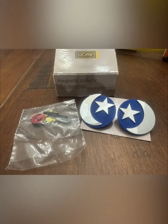 Vintage Avon Blue base w/ Star Crescent Magnetic Collar Clip Earrings- brand new