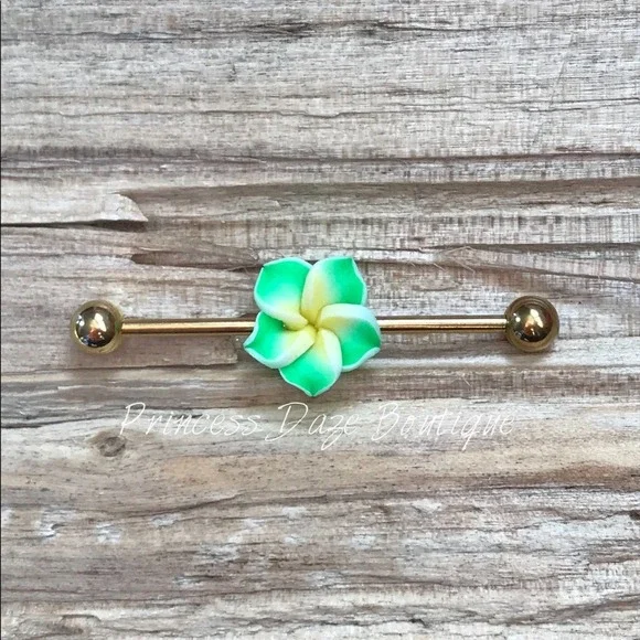 Green Hawaiian Flower Industrial‎ Barbell Earring
