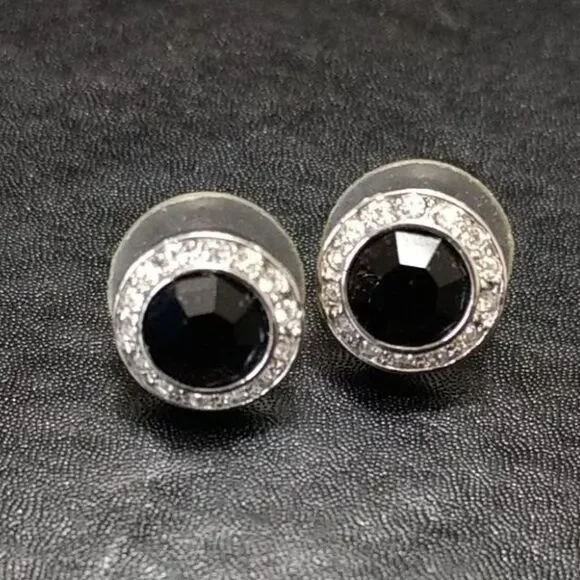 Silver tone black clear round rhinestone earrings