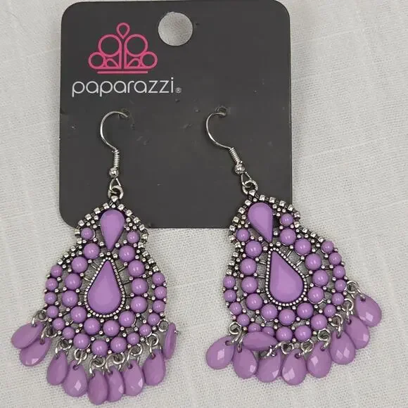 Paparazzi Purple Beaded Chandelier Dangle Earrings Silver Tone Boho Statement Fr