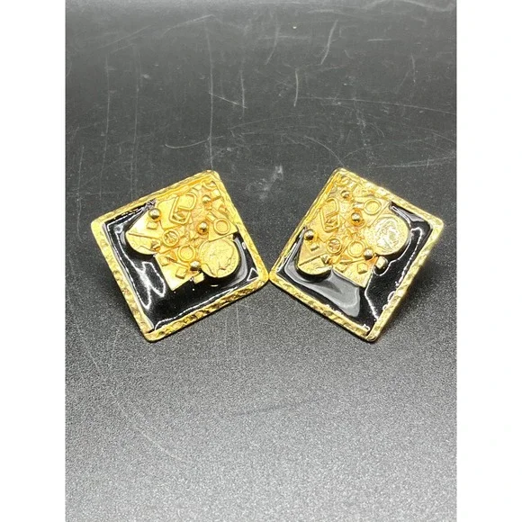 Rosecraft Gold‎ Tone Square Black Enamel Coin Motif Stud Earrings Jewelry Vtg