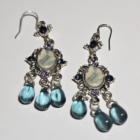 Silver Tone Blue Butterfly Cameo Chandelier Blue Glass Earrings