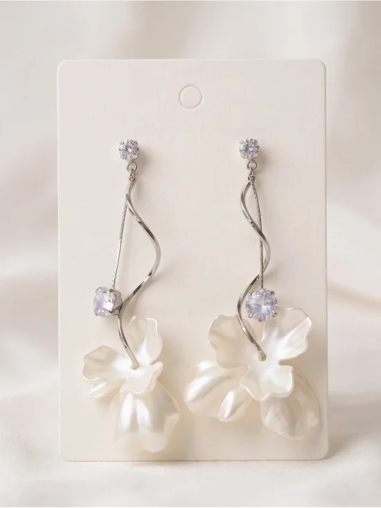 Silver Floral Pearl Drop Earrings with Lilac Stone