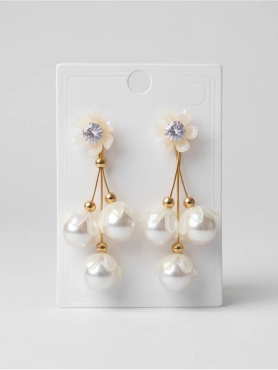 Pearl Drop Floral Dangle Earrings - Cream/Gold