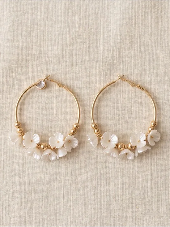 Gold Hoop Earrings with Cream Floral Accents
