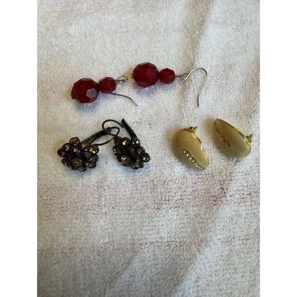 Lot of 3 Pairs‎ Vintage Earrings — Red Crystal Drop, Rhinestone Cluster Clip-On