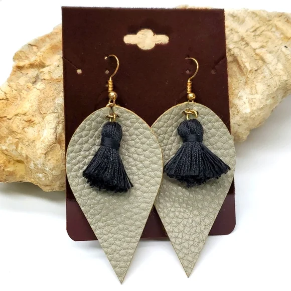 Gray Faux Leather with Black Tassel Dangly Pierced Earrings