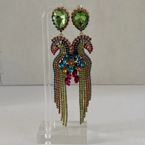 Elegant Multicolor Rhinestone Bird Parrot Dangle Earrings 5 inch Long