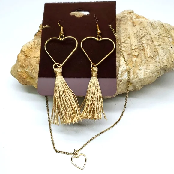 Boho Custom Bundle Heart Tassel Earrings and Heart Necklace