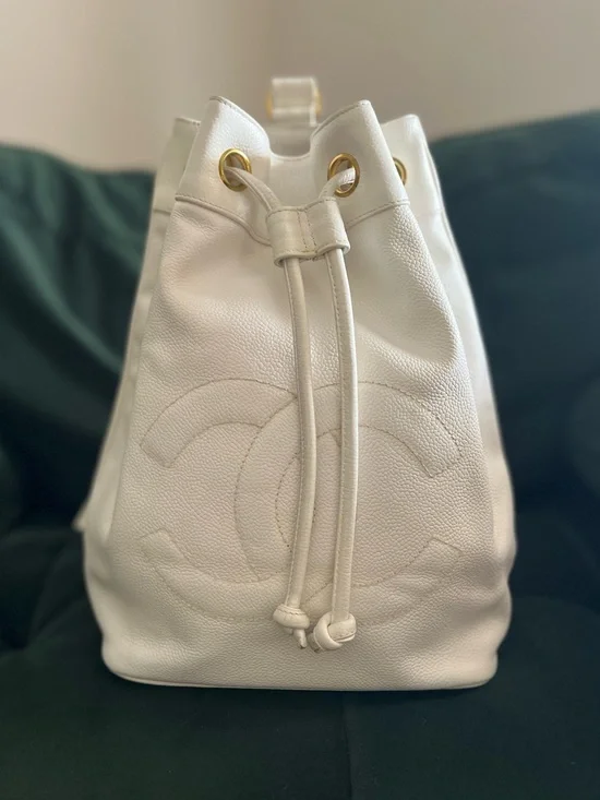 Vintage CHANEL Timeless Drawstring Sling Crossbody Backpack Caviar Medium White