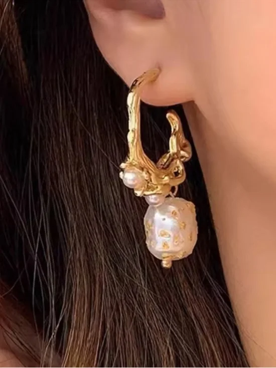 Gold and White Pearl Sculpted Drop Earrings