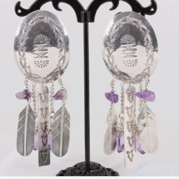 NATIVE STYLE EARRINGS W/ ETCHED DESIGN & amethyst