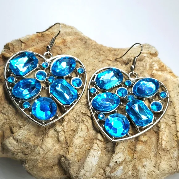 Faux Blue Topaz Silver toned Heart Pierced Earrings NWOT