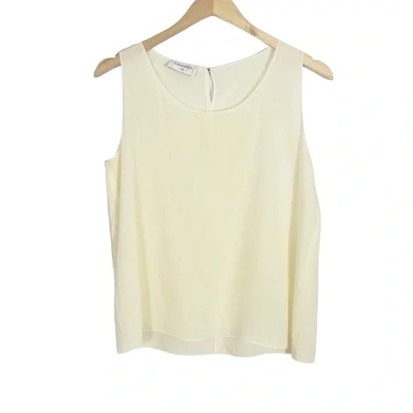 CHANEL Ivory Silk Sleeveless Tank Minimalist Vintage Paris Blouse