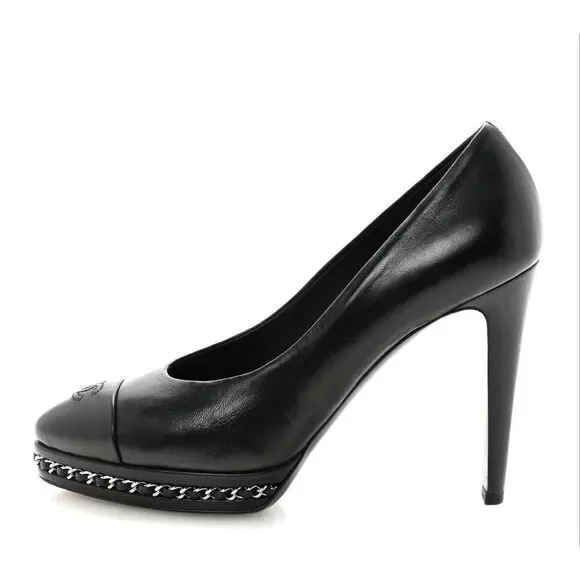 Chanel Lambskin CC Cap Toe Platform Chain Pumps size 36.5 Black