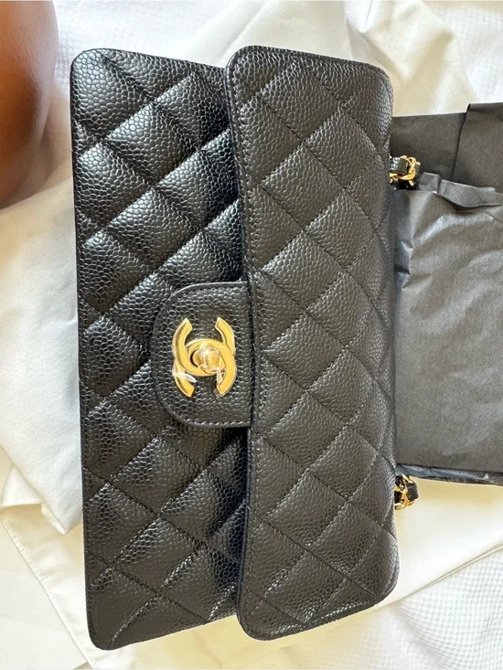 CHANEL Black Quilted Caviar Leather Shoulder Bag with Gold Hardware