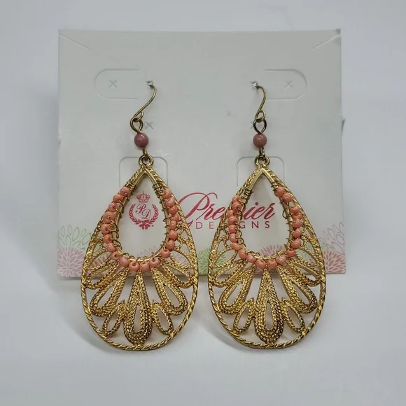Premier Designs Gold Toned Coral Colored Beaded Wire Earrings NIB