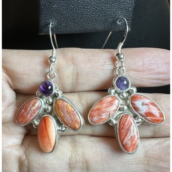 Navajo L Bennett Hook Dangle Earrings 1.75 Inch Spiny Amethyst 925 Sterling 9.1g
